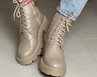 Beige Leather Brogue Boots: Women's Lace-Up Military Style