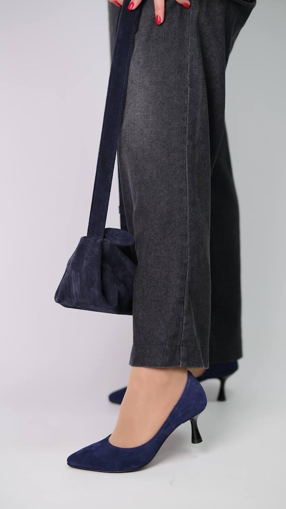Blue Suede Heels Women | Kitten Heel Pumps | Handmade Pointed Toe Heels | Elegant Office Heels | Custom Suede Shoes
