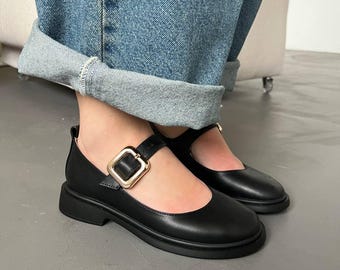 Black Leather Mary Jane Ballet Flats: Anatomical Barefoot Shoes