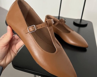 Handmade Brown Leather Mary Janes: Pointed Toe T-Strap Flats