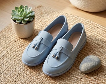 Blue Suede Grounding Loafers | Wide Toe Box Earthing Shoes | Handmade Barefoot Loafers Women | Healthy Minimalist Flat Shoes