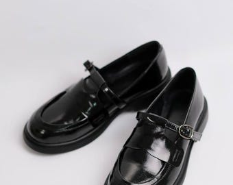 Zapatos Mary Jane de cuero con tira en T: zapatos planos descalzos para mujer