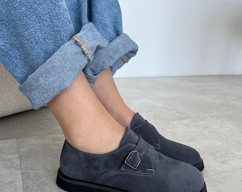Gray Suede Barefoot Loafers | Chunky Platform Wide Toe Box Shoes | Handmade Grounding Loafers Women | Earthing Minimalist Shoes