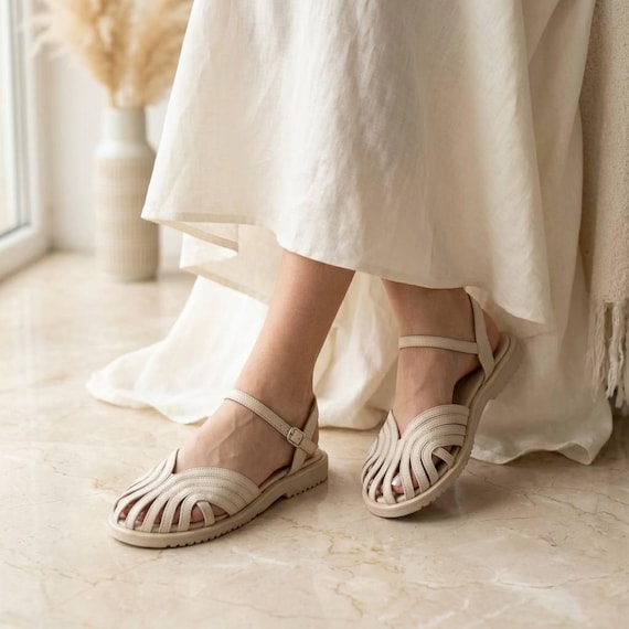 Milk Leather Ankle Strap Sandals | Round Toe Flat Sole Shoes | Comfortable Wedding Bridal Sandals | Soft Minimalist Footwear