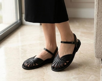 Black Leather Ankle Strap Sandals | Round Toe Flat Sole Shoes | Comfortable Wedding Bridal Sandals | Soft Minimalist Footwear