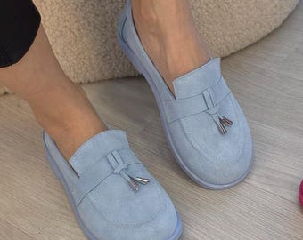 Blue Suede Barefoot Loafers: Wide Toe Box Leather Spring Shoes