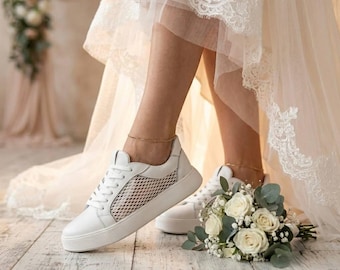 White Bridal Sneakers Women | Wedding Sneakers Lace Up | Handmade White Leather Shoes | Bridal Flat Shoes | White Sneakers Bride