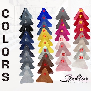 Puede incluir: Una carta de colores con 36 muestras triangulares en varios tonos, incluyendo azul, amarillo, rosa y rojo. La palabra "COLORS" se muestra verticalmente a la izquierda. El logotipo "Spektor Shoes" est&aacute; en la parte inferior derecha.