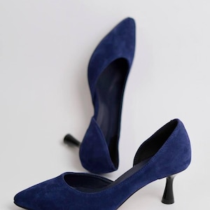 Handmade Blue Suede Heels: Elegant Leather Pumps, Bridal Office Shoes