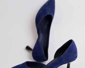 Handmade Blue Suede Heels: Elegant Leather Pumps, Bridal Office Shoes