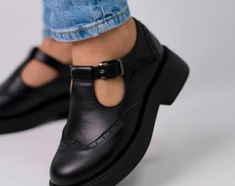 Black Leather Mary Janes: T-Strap Flat Shoes