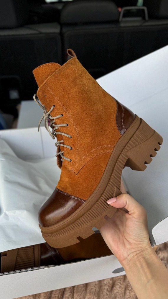 Ginger Leather Brogue Boots: Women's Lace-up Military Style UK