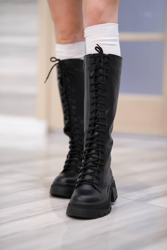 Black Leather Knee High Boots: Lace up Motorcycle Combat Boots - Etsy