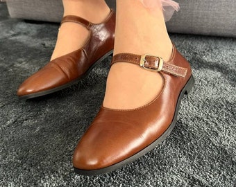 Ballet flats Mery Jane leather brown for woman