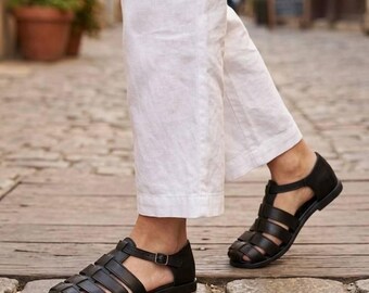 Black Leather Fisherman Sandals | Closed Toe Strappy Flat Shoes | Handmade Gladiator Sandals Women | Minimalist Summer Sandals