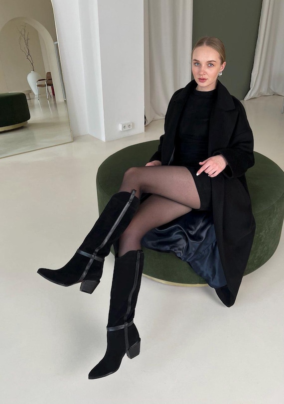 women's black dress boots knee high Dalia Tall Shaft Knee-High Boots in Black Suede