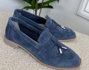 Handmade Dusty Blue Suede Loafers: Women's Tassel Slip-Ons