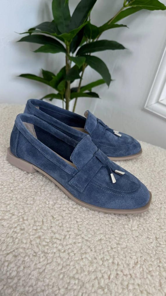 Handmade Dusty Blue Suede Loafers: Women's Tassel Slip-ons