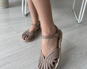 Beige Leather Ankle Strap Sandals: Soft Round Toe Bridal Flats