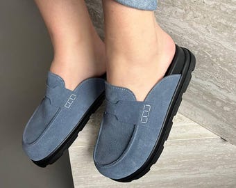 Blue Suede Barefoot Clogs Women | Grounding Earthing Shoes | Handmade Anatomical Clogs | Wide Toe Box Comfortable Shoes