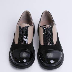 Oxford Shoes For Women Black Flower Pattern, Casual Brogues Gray & Black Leather Free Personalized