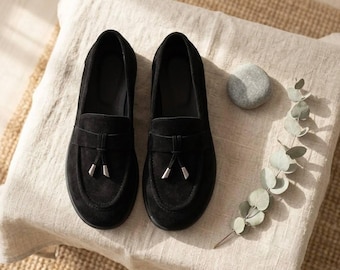 Mocasines de gamuza negra con conexión a tierra / Zapatos de conexión a tierra con puntera ancha / Mocasines minimalistas hechos a mano para mujer / Zapatos planos minimalistas saludables