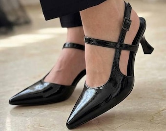 Black Patent Criss Cross Heels | Pointed Toe Slingback Pumps | Handmade Kitten Heel Shoes | Elegant Black Heels Women