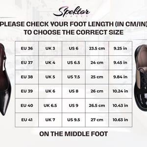 Puede incluir: Tabla de tallas de zapatos con medidas en cent&iacute;metros y pulgadas. La tabla incluye tallas EU, UK y US, con las longitudes de pie correspondientes. Se muestran dos zapatos, uno negro y otro burdeos.