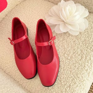 Red Leather Square Toe Mary Janes: T-Strap Ballet Flats