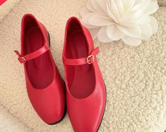 Red Leather Square Toe Mary Janes: T-Strap Ballet Flats