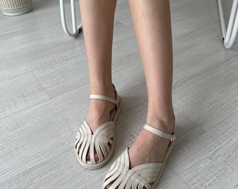 Milk Leather Ankle Strap Sandals: Round Toe Bridal Flats