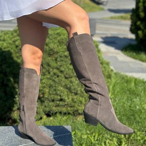 Dames koffie cowgirl laarzen suède, cowgirl laarzen, schoenen dames, westernlaarzen, festival hak puntige neus bewerkte leren laarzen vrouwen