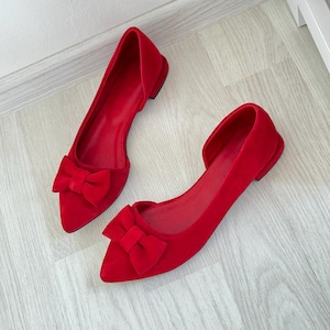 Handmade Red Suede Ballet Flats: Elegant Bow Shoes