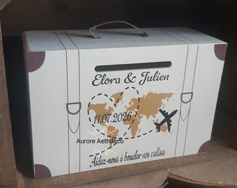 Two-tone wooden suitcase-style wishing well for weddings and parties, wedding gift money, honeymoon wishing well, wooden wishing well