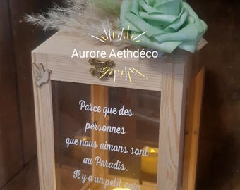 Sage green wooden memorial lantern with pampas grass for weddings or other celebrations, and sage green rose, green themed wedding memorial for the deceased.