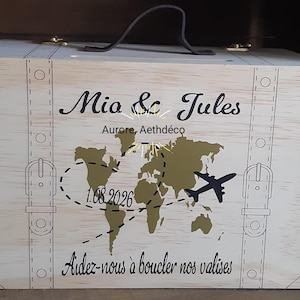 Wooden suitcase urn with world map, for wedding and other parties, wedding fundraiser, honeymoon fundraiser