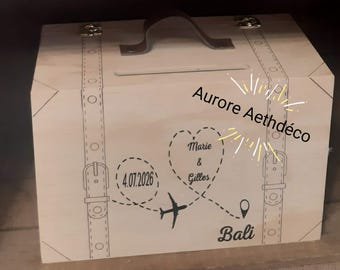 Wooden suitcase-shaped wedding card box, suitcase-shaped wedding money box, honeymoon money box with or without a sign