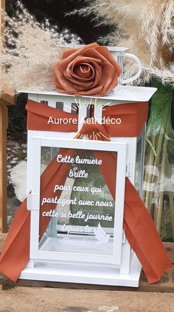 Lanterna commemorativa rosa per matrimonio, tela di iuta, erba della pampa, code di coniglio - Italia