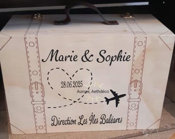 Wooden suitcase-style collection box with world map, for weddings and other celebrations, wedding gift fund, honeymoon gift fund
