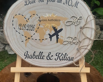 Cojín para anillos con mapa del mundo de 25/30 cm para viajes, cojín para anillos de viaje, disco de madera, boda de viaje, tronco de madera para boda de viaje.