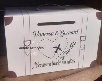 Wooden suitcase-style card box for weddings or other events, customizable options, honeymoon card box, wooden card box