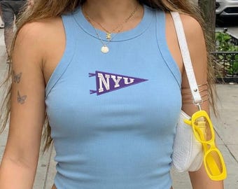 Embroidered Custom College Pennant Spaghetti Strap Top, Personalized University Flag Name Shirt, College Pennant Tank Top, Tailgate Game Day