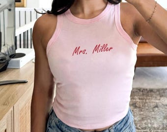 Mrs. Tank Top, Bachelorette Embroidered Tank Top, Personalized Embroidery Tee, Bachelorette Party Idea, Custom Text Embroidered Tank Top