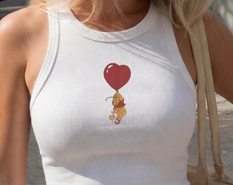 Embroidered Winnie The Pooh Piglet Tank Top, Cute Balloon Heart Shirt, Vintage Cartoon Character Cami Top, Sweet Aesthetic Summer Outfit