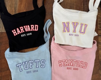 Embroidered Custom College Tank Top, Custom University Baby Tee, Personalized College Name Pennant Crewneck, Graduation Gift for Her