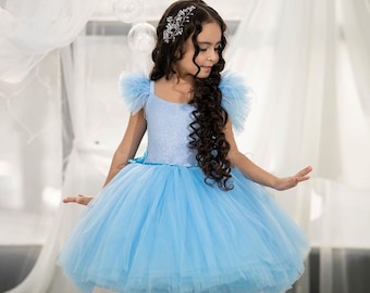 Light blue flower girl dress, Junior bridesmaid dress, Custom girl dress,Flower girl dress tulle