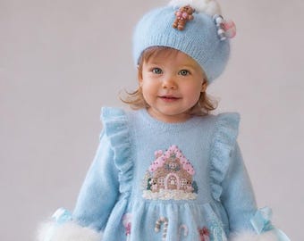 Christmas Hand Embroidered Angora Sweater for Girls – Gingerbread House Luxury Knitwear.