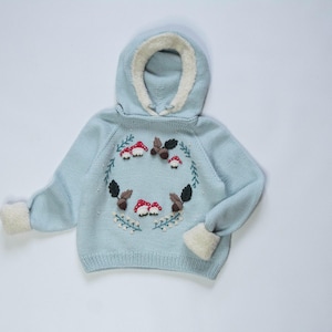 May include: A light blue hooded sweater with a white fleece lining on the hood and cuffs. The sweater has an embroidered design of mushrooms and acorns in a circle on the front.