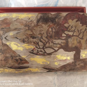 Vintage Wooden Hand Painted Jewelry With Damage to the Lid  Box Black Lacquer Vietnamese Jewelry Box