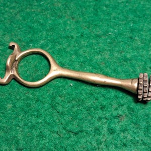 Può includere: Un utensile metallico color ottone caratterizzato da un anello circolare a un'estremità, una testa curva con rebbi e un manico cilindrico che termina con una piccola rotella scanalata simile a un ingranaggio. L'oggetto ha una finitura liscia.